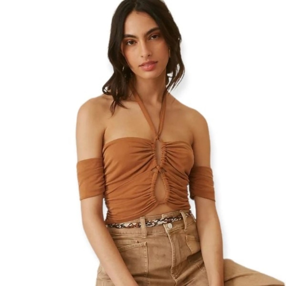 Anthropologie Sunday in Brooklyn Ruched Crop Top L Brown Tie Front NWT $78